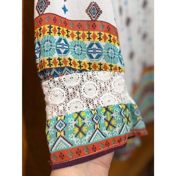 Figueroa & Flower 2X Sheer Boho Peasant Top Lace Trim Bell Sleeves - Picture 2 of 6